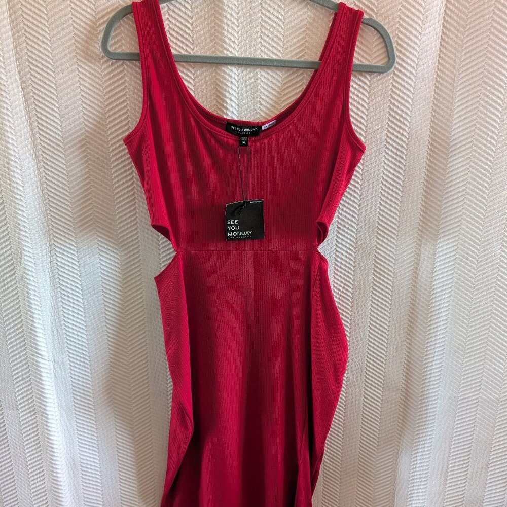 See You Monday Red Ribbed Cutout Midi Dress Size XL Stretch Slit NWT Summer